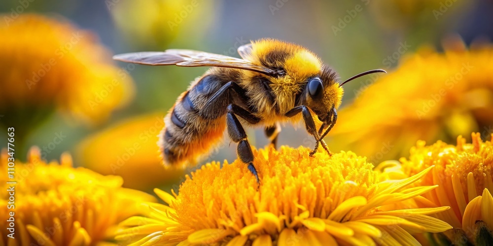 Close-up of a Bumblebee Pollinating a Bright Yellow Flower in a Lush Natural Landscape, Showcasing the Beauty of Insects and Their Role in Ecosystems Close-up of a Bumblebee Pollinating a Bright Yellow Flower in a Lush Natural Landscape, Showcasing the Beauty of Insects and Their Role in Ecosystems