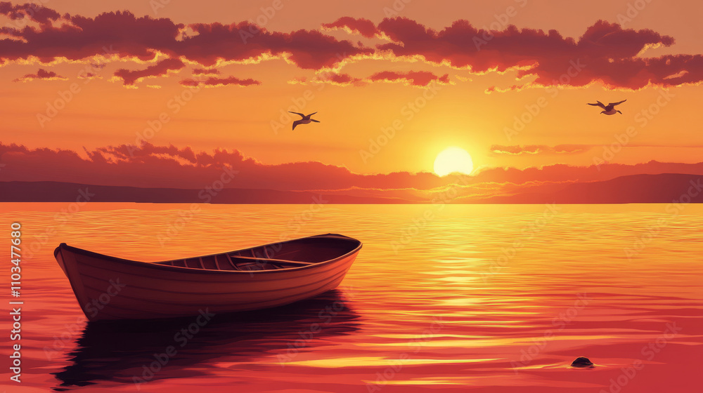 Boat at sunset with lettering. Summer illustration. Raster copy of file Boat at sunset with lettering. Summer illustration. Raster copy of file