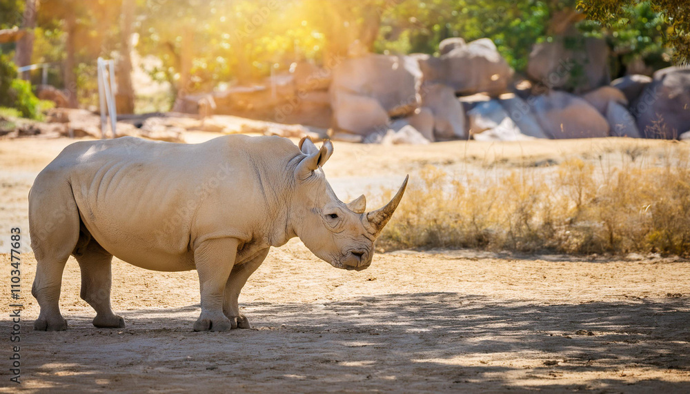 Naklejka premium White Rhinoceros Standing in a Sunny and Copy Space