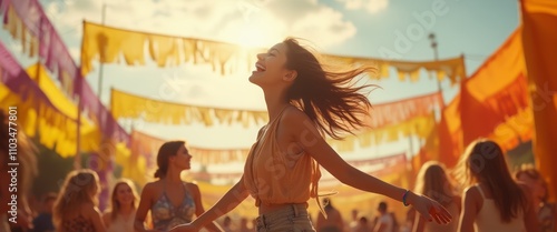 A joyful woman dancing freely at a summer festival, surrounded by colorful flags and a lively crowd. The image captures the spirit of celebration, fun, and outdoor music events.