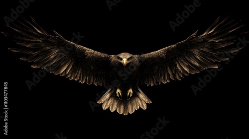 A majestic eagle in flight with outstretched wings against a dark background.