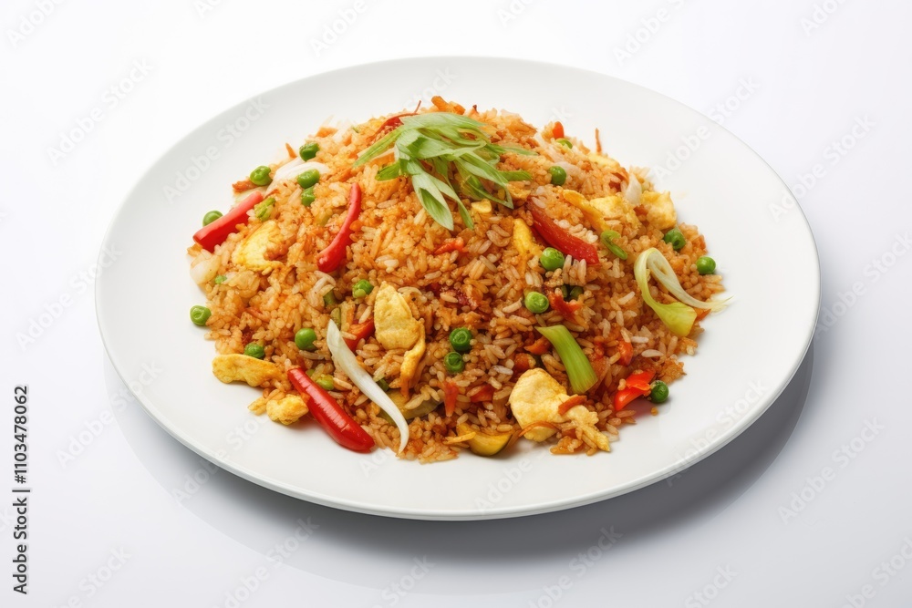 Chinese fried rice with egg vegetables served on a white plate against a white background Chinese fried rice with egg vegetables served on a white plate against a white background