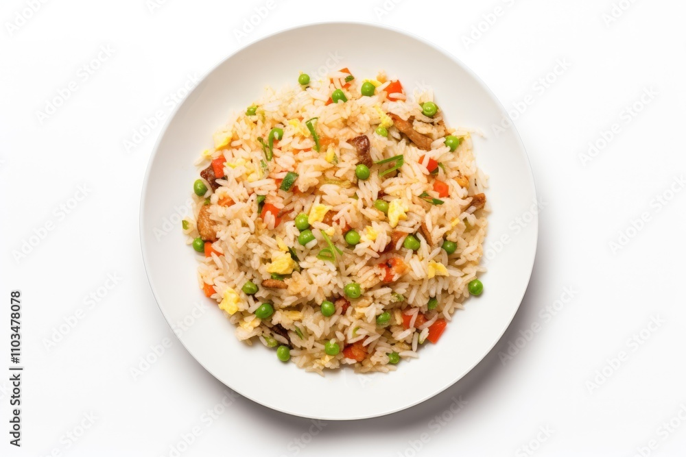 Chinese fried rice with egg vegetables served on a white plate against a white background Chinese fried rice with egg vegetables served on a white plate against a white background