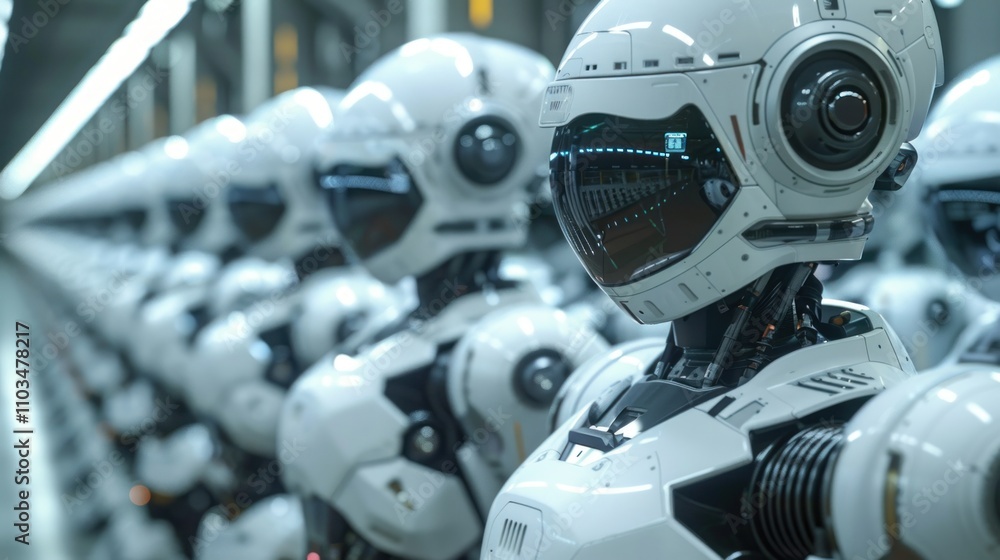 A row of futuristic robots with sleek designs in a high-tech environment. A row of futuristic robots with sleek designs in a high-tech environment.