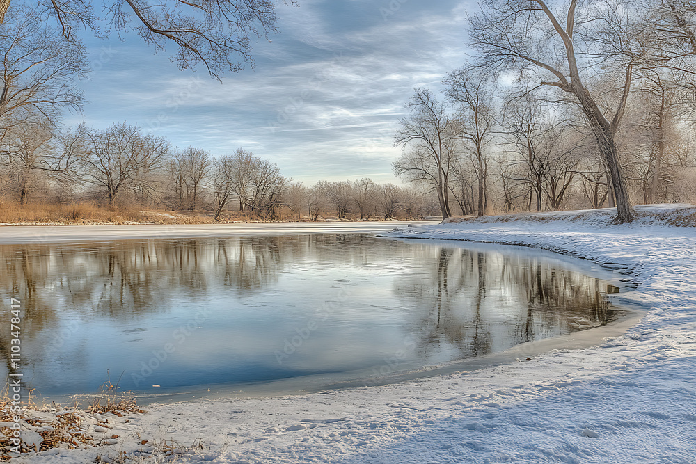 A calm frozen lake framed by a snowy shoreline and distant frost-covered trees, evoking peace and winter serenity A calm frozen lake framed by a snowy shoreline and distant frost-covered trees, evoking peace and winter serenity