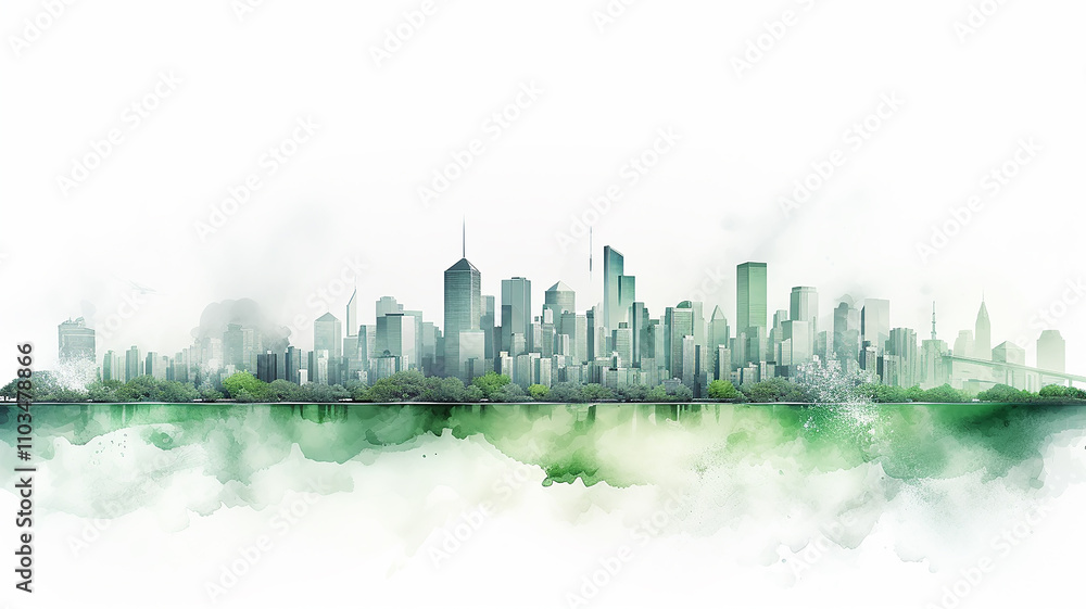 Fototapeta premium green eco silhouette of the city, illustration on a white background, cityline liquid paint, insulated print, logo