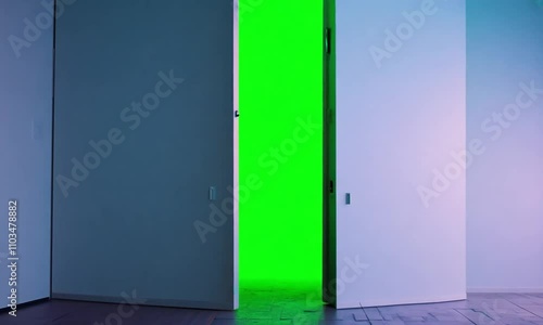Modern colored wall with door opening to green screen . Generative AI