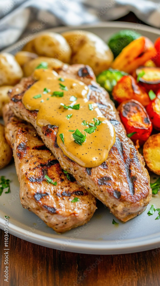 Grilled pork chops with mustard sauce, potatoes and roasted vegetables Grilled pork chops with mustard sauce, potatoes and roasted vegetables