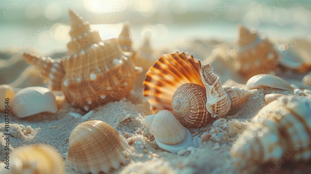 A serene beach scene featuring various seashells scattered on the sand. A serene beach scene featuring various seashells scattered on the sand.
