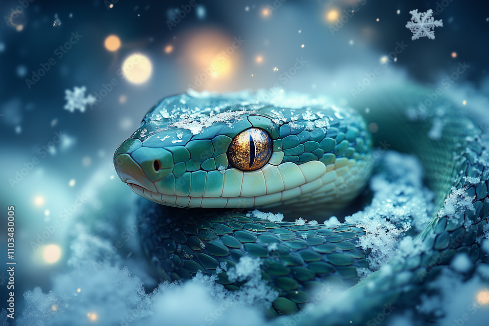 A green snake basking under the glow of a crescent moon, surrounded by swirling snowflakes. A green snake basking under the glow of a crescent moon, surrounded by swirling snowflakes.