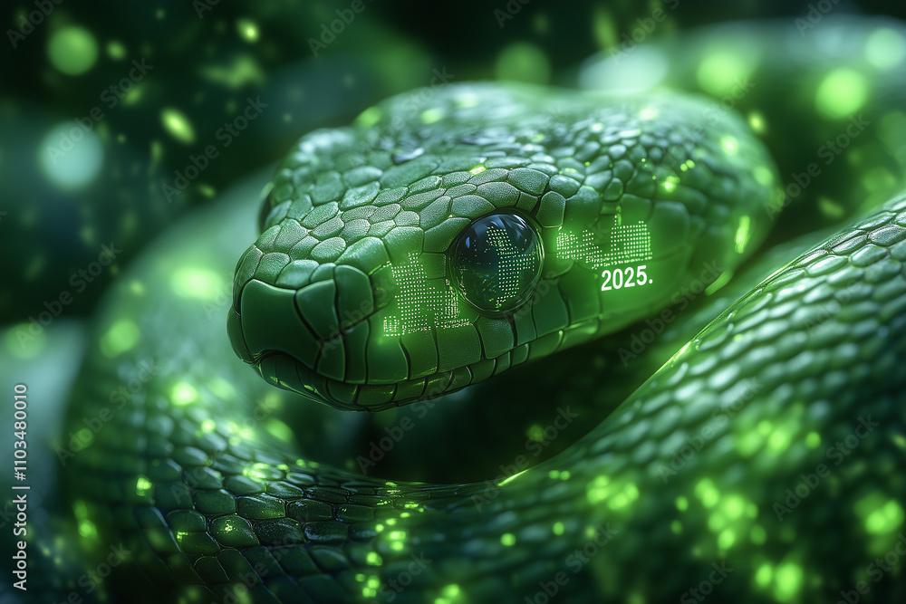 A futuristic depiction of a green snake entwined with digital holograms of A futuristic depiction of a green snake entwined with digital holograms of