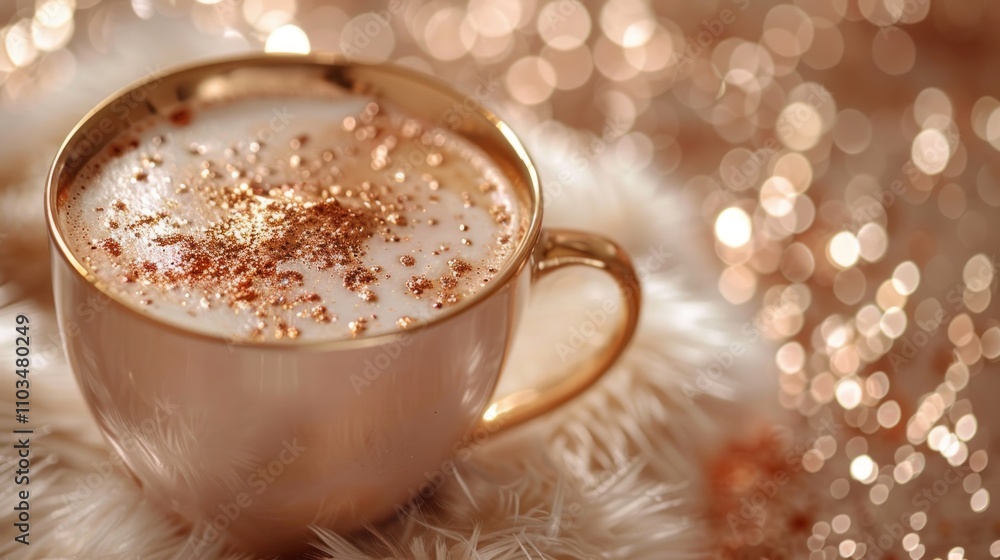 A luxurious cup of coffee adorned with golden sprinkles, set against a sparkling background. A luxurious cup of coffee adorned with golden sprinkles, set against a sparkling background.