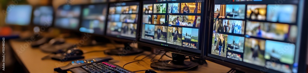A row of monitors displaying multiple video feeds in a control room setting. A row of monitors displaying multiple video feeds in a control room setting.