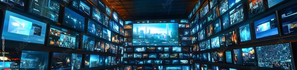 A room filled with numerous screens displaying various images and videos. A room filled with numerous screens displaying various images and videos.