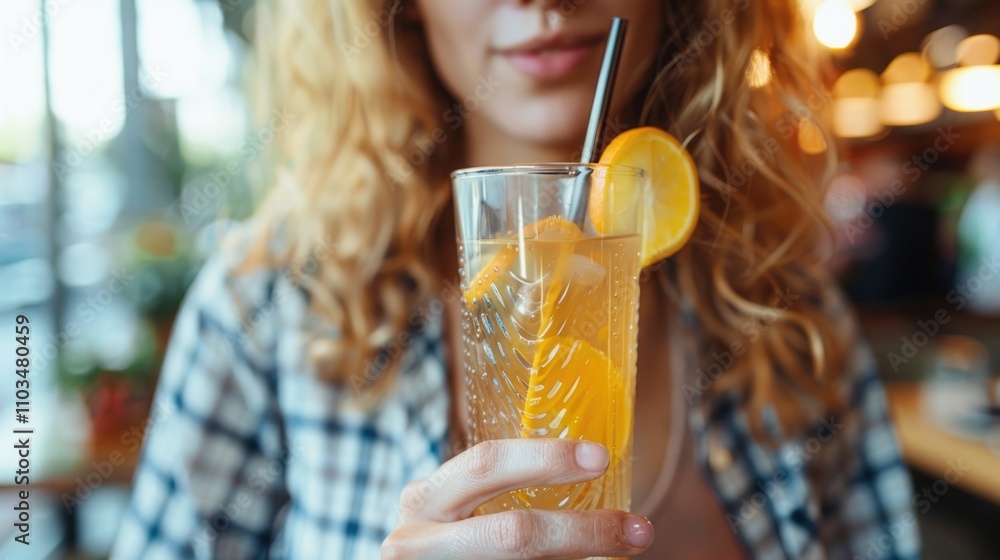 A woman holding a refreshing drink garnished with lemon in a cozy caf? setting. A woman holding a refreshing drink garnished with lemon in a cozy caf? setting.