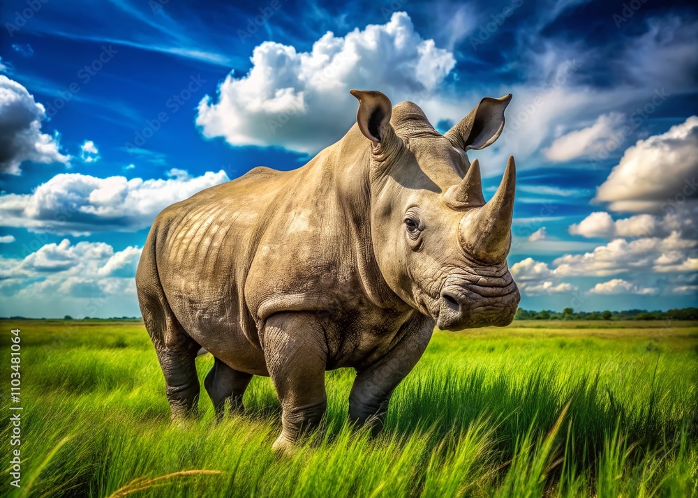 Fototapeta premium Close-up of a Muddy White Rhino in the African Grasslands, Capturing the Beauty and Resilience of Wildlife in Their Natural Habitat