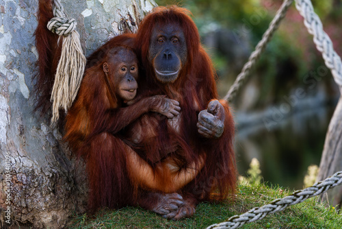 A orangutan with here cute baby ape