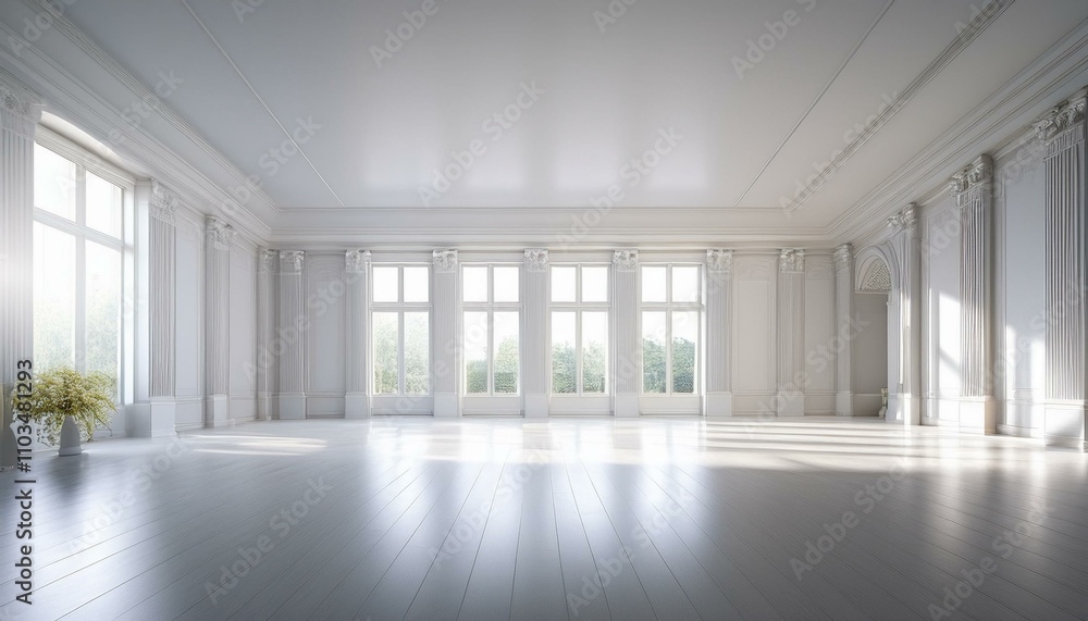 Obraz premium 白い壁と白い床が広がる、何も置かれていない広い部屋。柔らかな光が差し込み、空間に広がる静けさが感じられる。