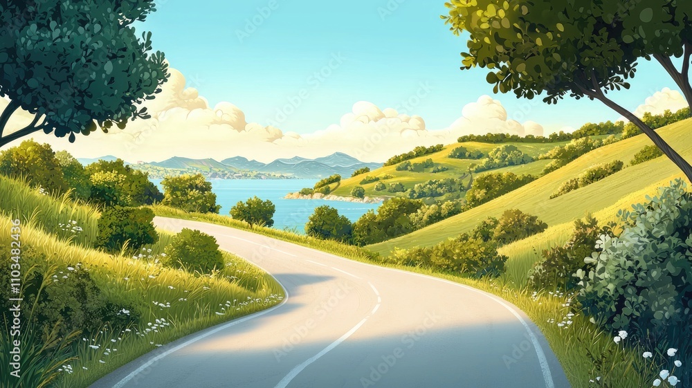 Fototapeta premium Winding Road Through Green Hills Leading to a Coastal View