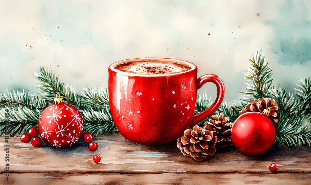 A vibrant red mug filled with a cozy drink sits among pine branches, ornaments, and pinecones A vibrant red mug filled with a cozy drink sits among pine branches, ornaments, and pinecones