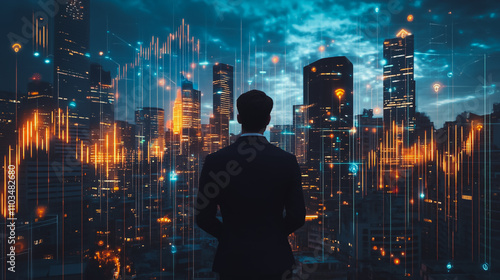 Abstract business man stands on the peak of success amid tall, innovative Smart city and graphs with statistics to analyze business potential and predict future developments in company growth.