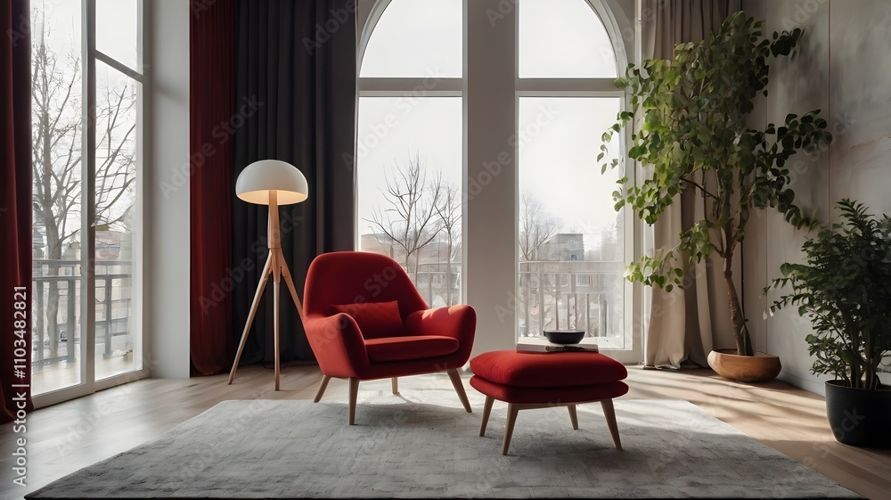 Fototapeta premium Red armchair against arch wall and window. Minimalist, scandinavian interior design of modern living room.