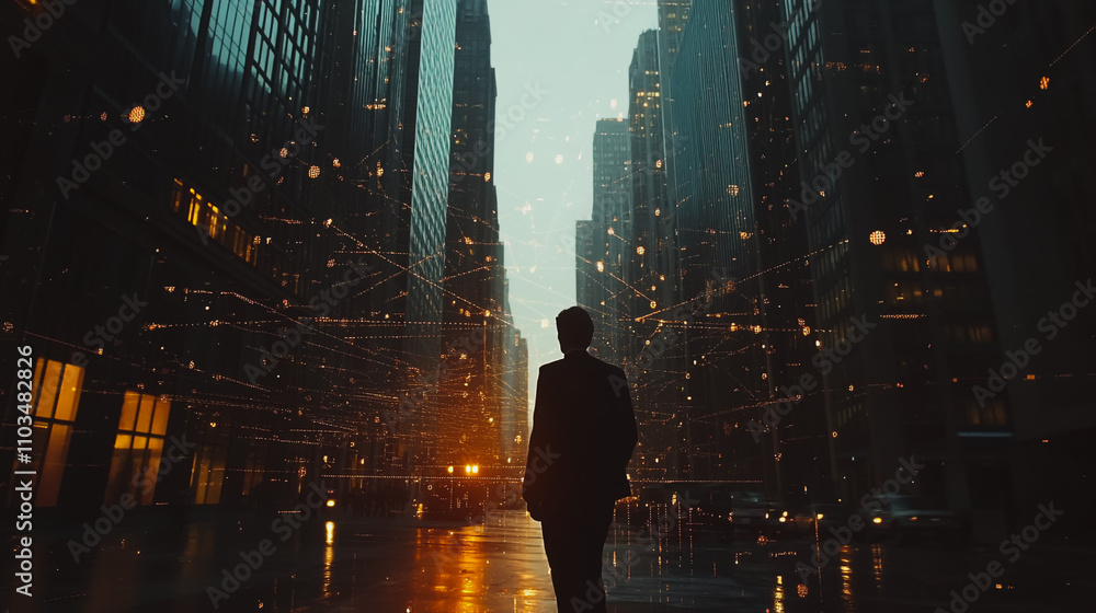 Abstract business man stands on the peak of success amid tall, innovative Smart city and graphs with statistics to analyze business potential and predict future developments in company growth.