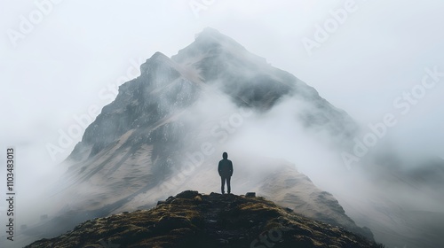 Solitary Figure Contemplates Misty Mountain Peak