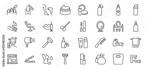 set of 32 line web icons related cosmetics. Spa treatments, beauty. Laser hair Collection of Outline Icons. Vector illustration.