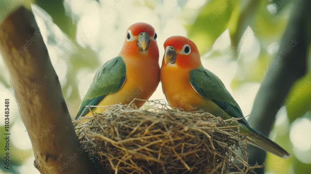 Obraz premium A pair of lovebirds on a branch with a small nest.m
