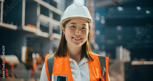 Happy Asian Civil Engineer Wearing Safety Uniform and Hard Hat on a Residential Building Construction Site. Smiling Professional Japanese Female Industrial Site Manager Standing Outdoors