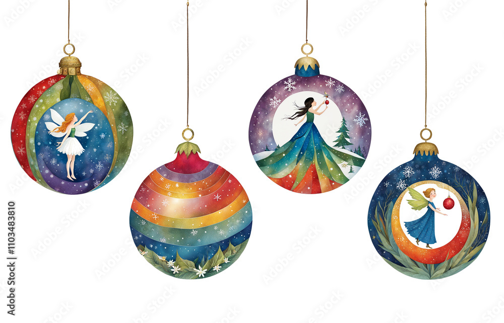 Four cut paper illustrations of four fairy-inspired baubles Four cut paper illustrations of four fairy-inspired baubles