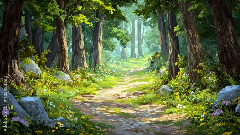 Obraz premium A Sunlit Path Through A Lush Forest