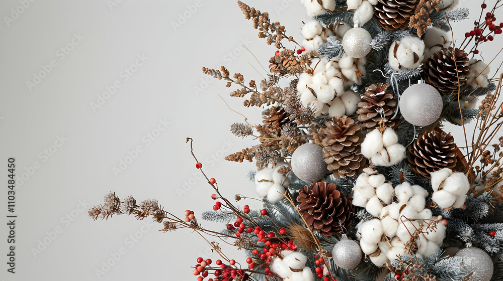 Beautiful decorated Christmas tree with dry flowers, pine cones and cotton. Boho design. Close-up. Beautiful decorated Christmas tree with dry flowers, pine cones and cotton. Boho design. Close-up.