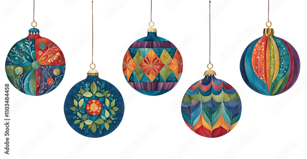 Five cut paper illustrations of nordic patterned baubles in bold colours Five cut paper illustrations of nordic patterned baubles in bold colours