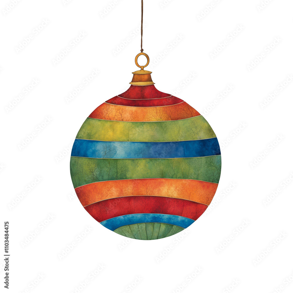 Cut paper illustration of a stripy bauble in bold rainbow colours Cut paper illustration of a stripy bauble in bold rainbow colours