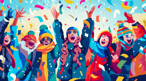 Multinational people rejoicing at the start of 2024. New Year concept.