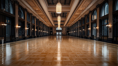 Elegant interior of a large ballroom with wooden parquet flooring, high arched windows, and grand chandeliers hanging from an ornate ceiling