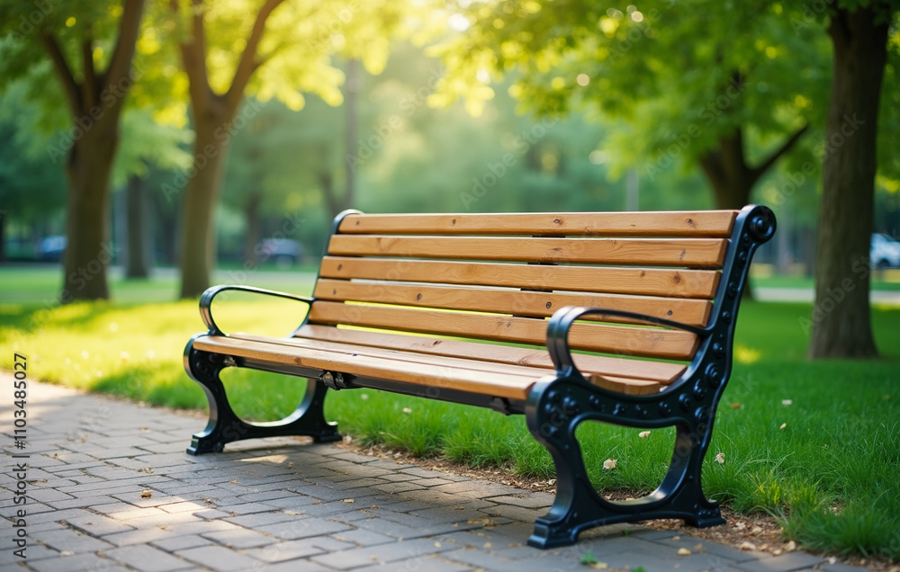 A blank, wooden park bench with a metal frame sits on a paved walkway in a lush green park