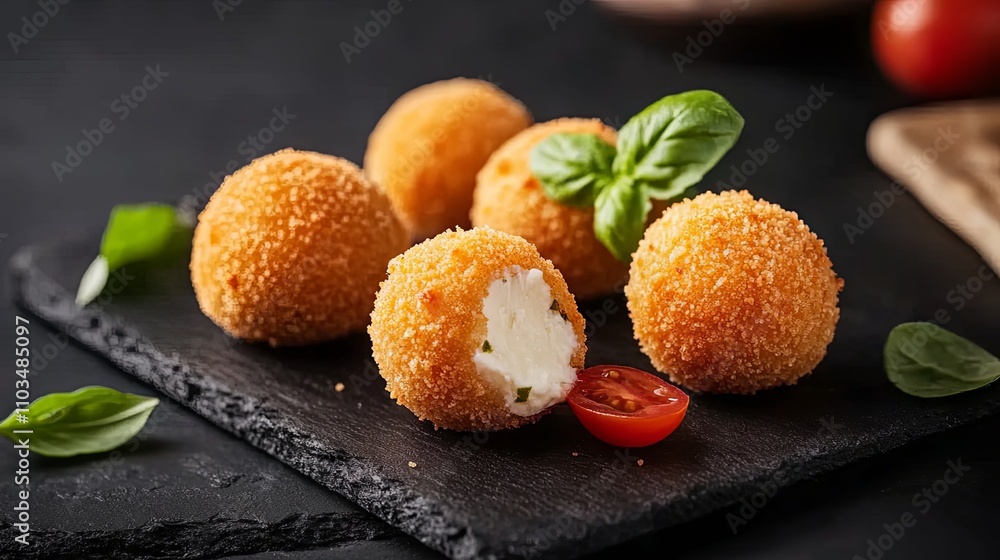 Fried Cheese Balls with Basil and Tomato - Delicious Appetizer Fried Cheese Balls with Basil and Tomato - Delicious Appetizer