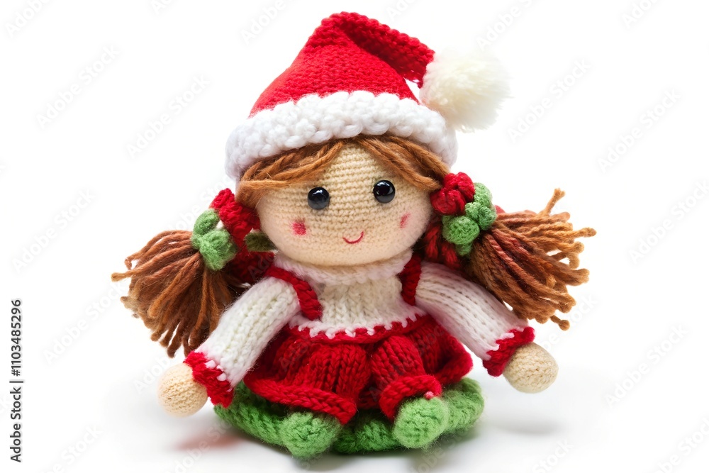 Knitted, soft, rag doll Christmas on white background Knitted, soft, rag doll Christmas on white background