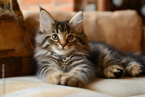 A cute kitten is lying on a chair