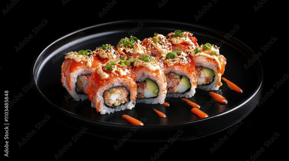 Delicious sushi rolls presented on a black plate. Delicious sushi rolls presented on a black plate.