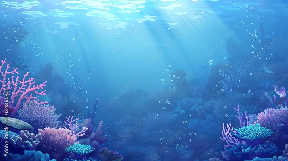 Fototapeta premium A serene underwater scene with colorful coral reefs and sunbeams.