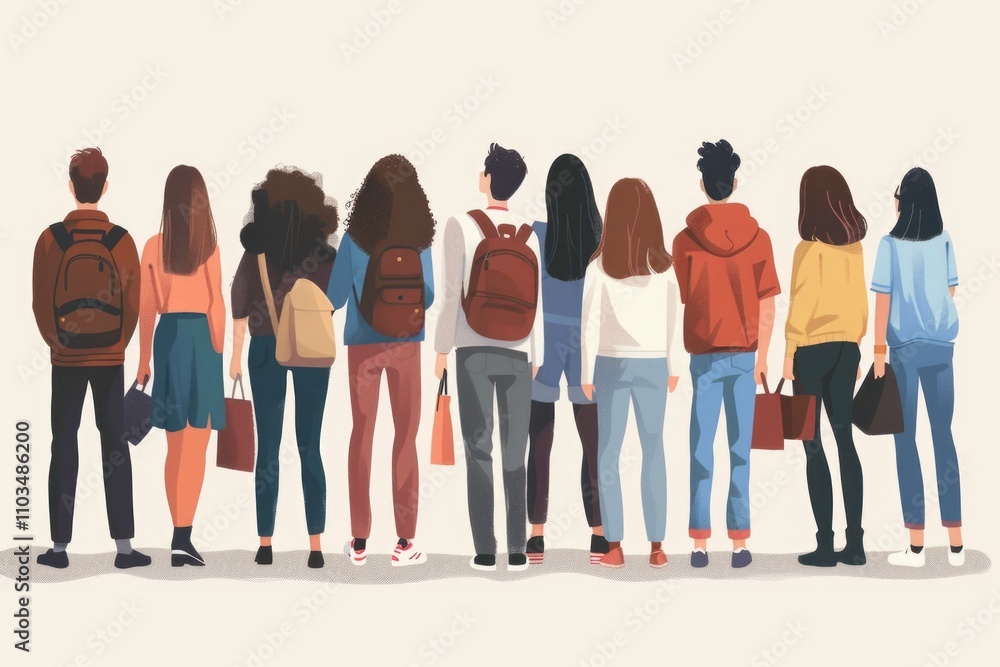 Fototapeta premium Friendly students walking together in a line, wearing casual clothes and carrying backpacks.