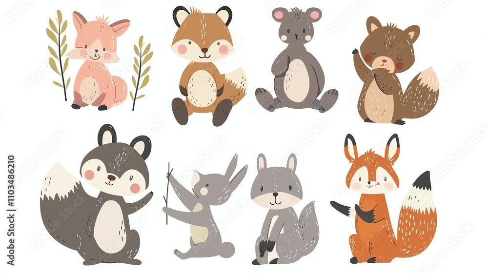 Obraz premium A set of eight cartoon woodland animals: a fox, a bear, a raccoon, a squirrel, a rabbit and a squirrel.