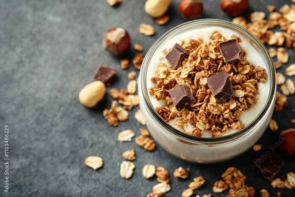 A delightful granola and yogurt breakfast or snack with chocolate chips. A delightful granola and yogurt breakfast or snack with chocolate chips.