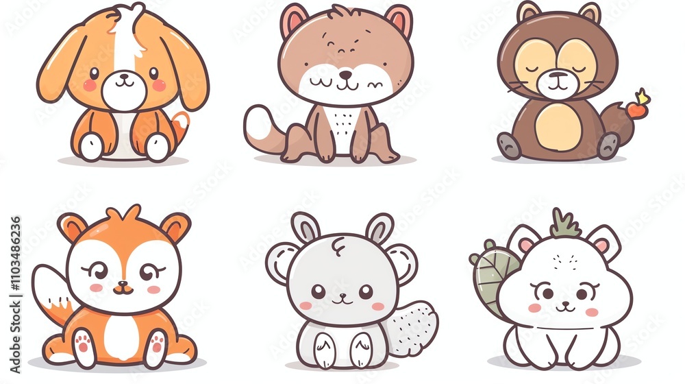 A collection of six cartoon animals, including a fox, a bear, a squirrel, a cat, a dog, and a giraffe. A collection of six cartoon animals, including a fox, a bear, a squirrel, a cat, a dog, and a giraffe.