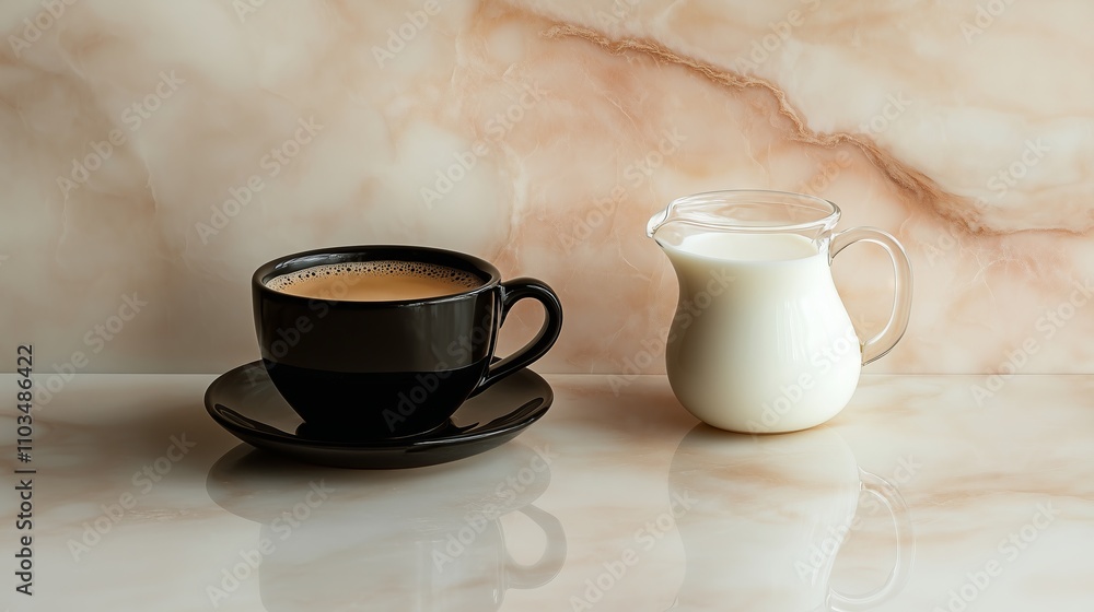 A sleek black coffee cup and milk pitcher on marble create a cozy, elegant atmosphere. A sleek black coffee cup and milk pitcher on marble create a cozy, elegant atmosphere.