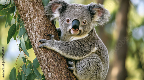 Koala is sitting on a tree branch. The tree is green and the leaves are large